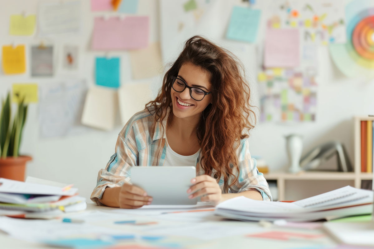 Estudiante concentrado estudiando con apuntes sobre la mesa