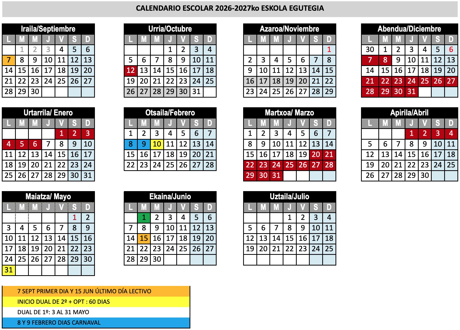 Calendario escolar 2026-2027 para el alumnado Calendario escolar 2026-2027 de Centro Estudios Mikeldi